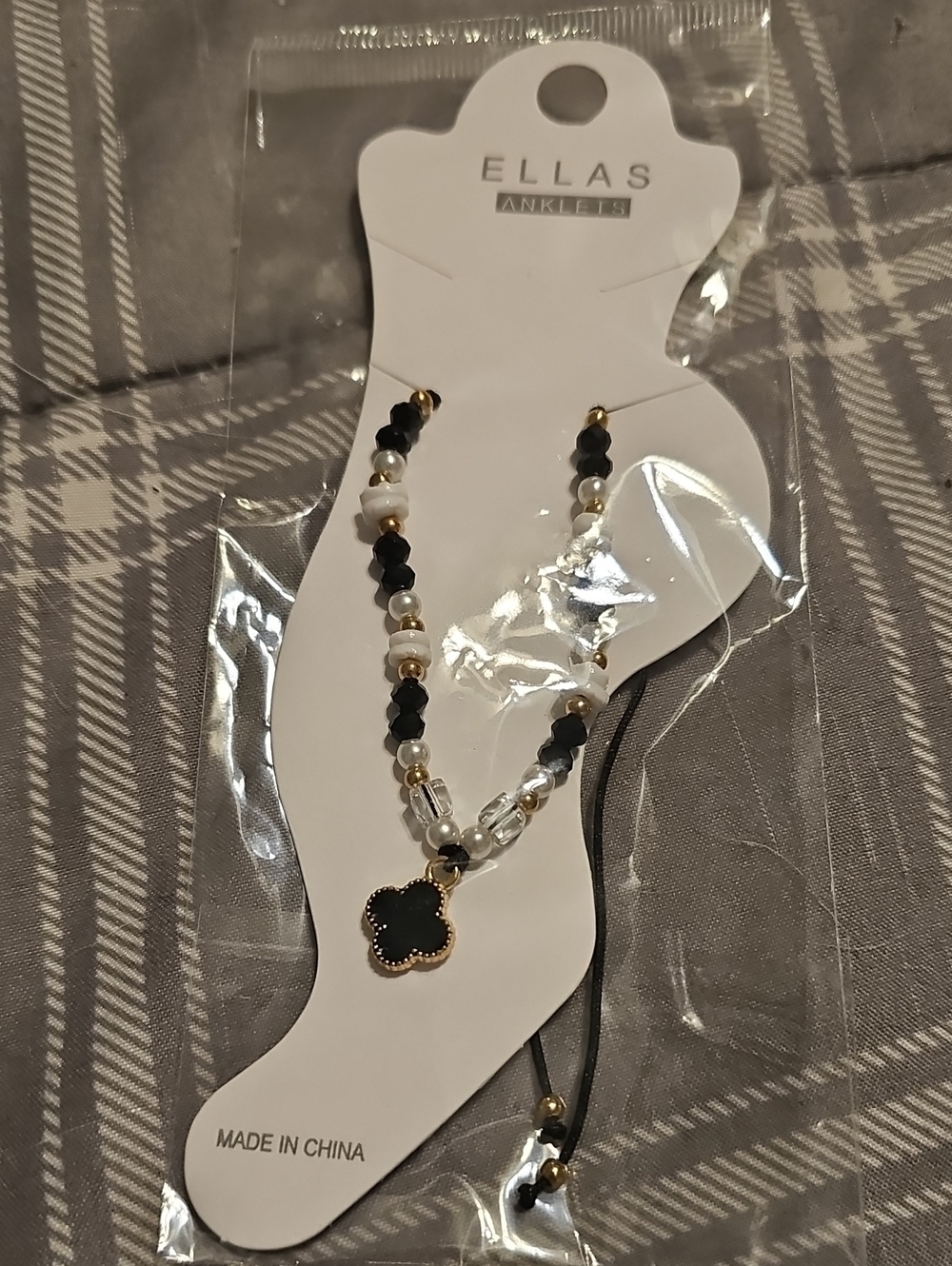 Ella Black and White Beaded Anklet with Gold Clover Pendant
